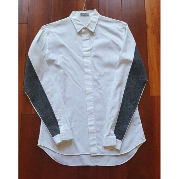 Dior Paris Men's Button-Up Shirt White Gray Sleeves Logo Casual Designer M/ 39 - Picture 3 of 11